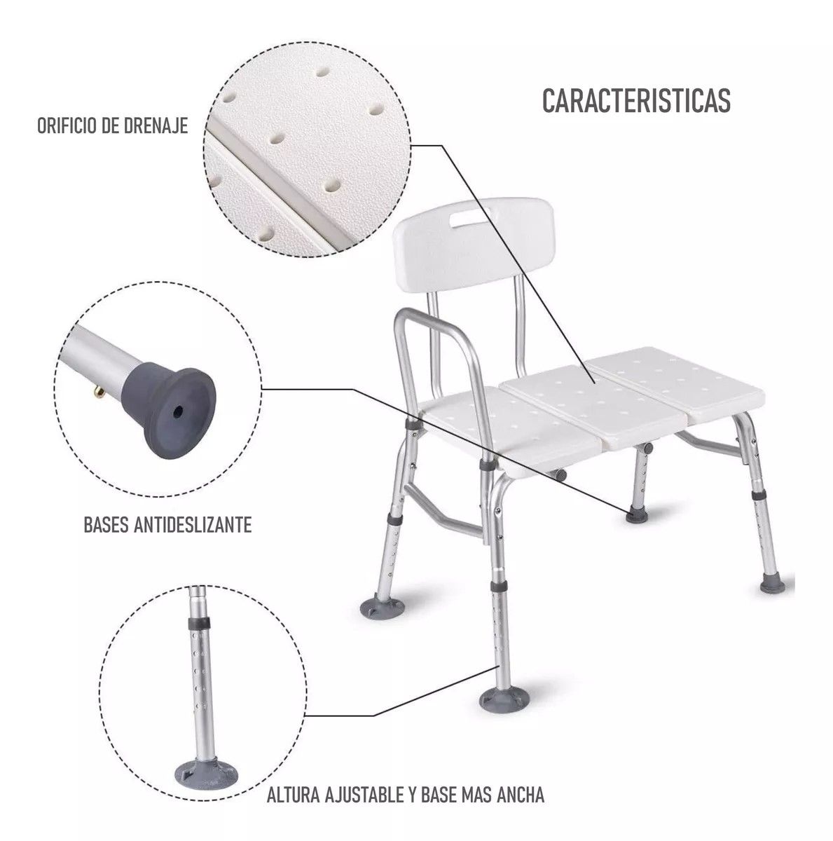 Silla De Transferencia Para Tina Y Ducha Aluminio Con Respaldo 502B