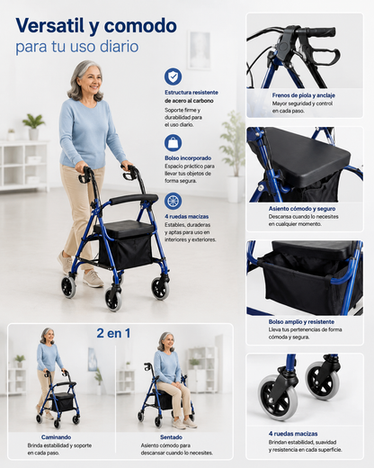 Andador Burrito Ortopedico Plegable 4 Ruedas Bolso Y Asiento 3004B-1