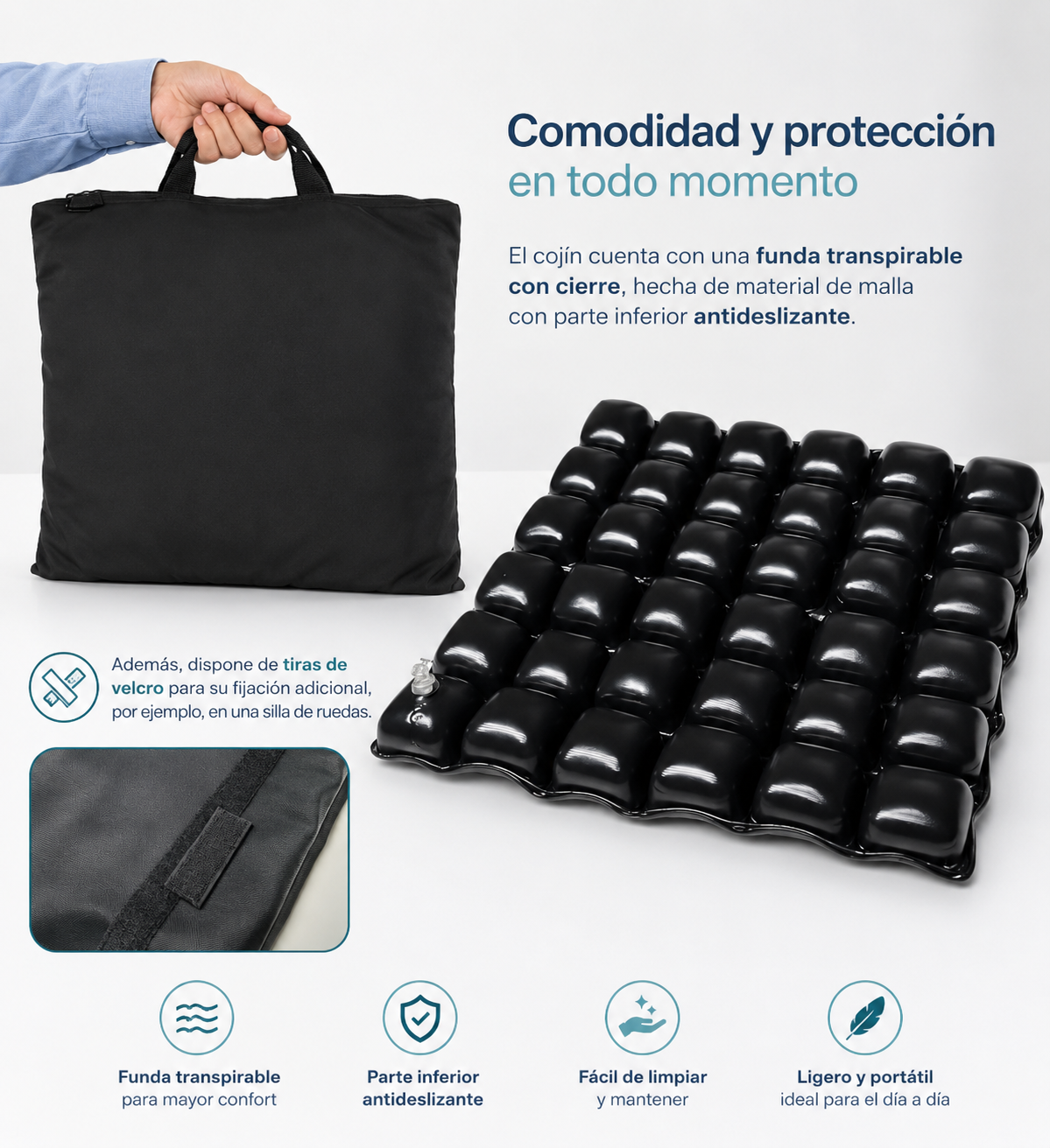 Cojin Picaron Antiescaras Cuadrado Inflable Negro
