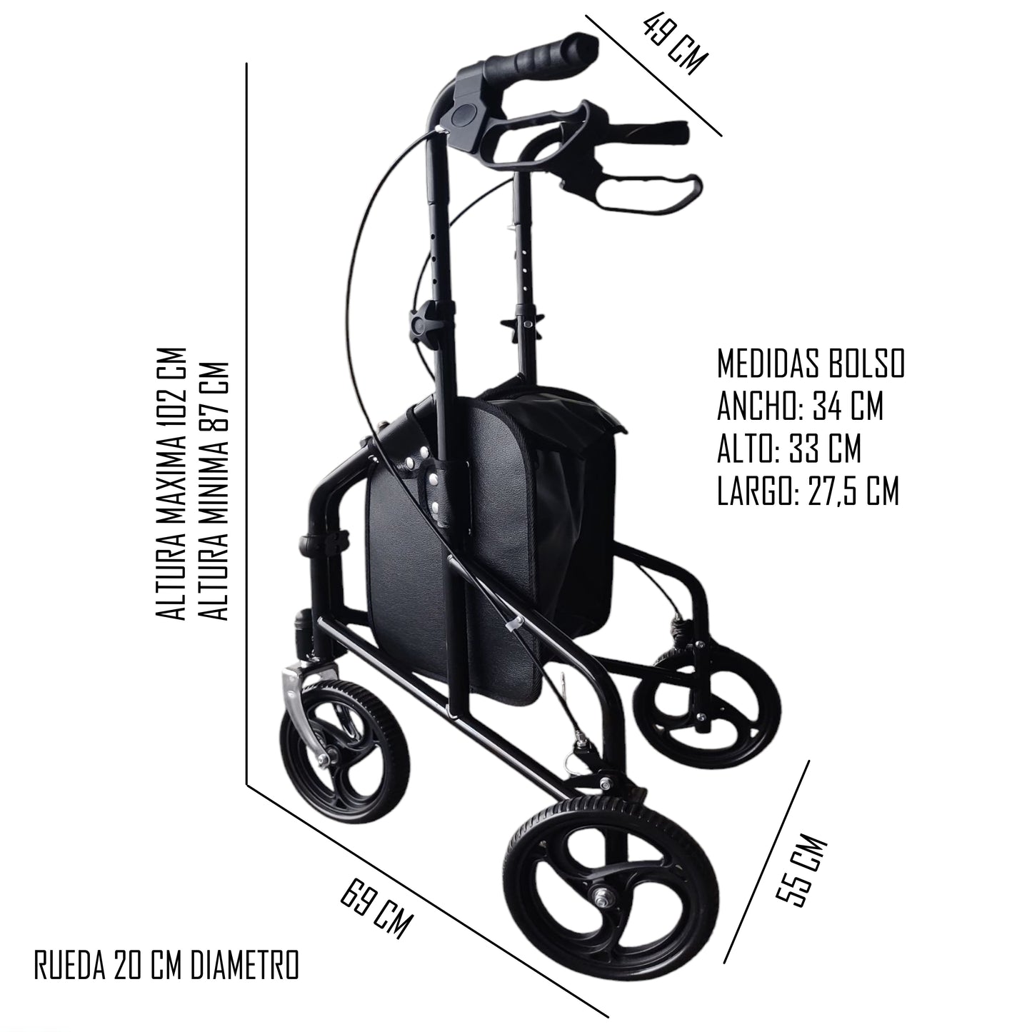 Andador Burrito 3 Ruedas Plegable Con Bolso Freno De Anclaje OBX