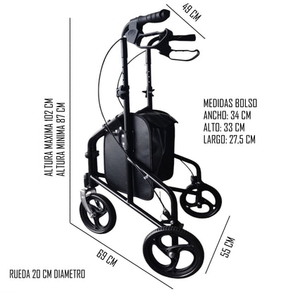 Andador Burrito 3 Ruedas Plegable Con Bolso Freno De Anclaje OBX
