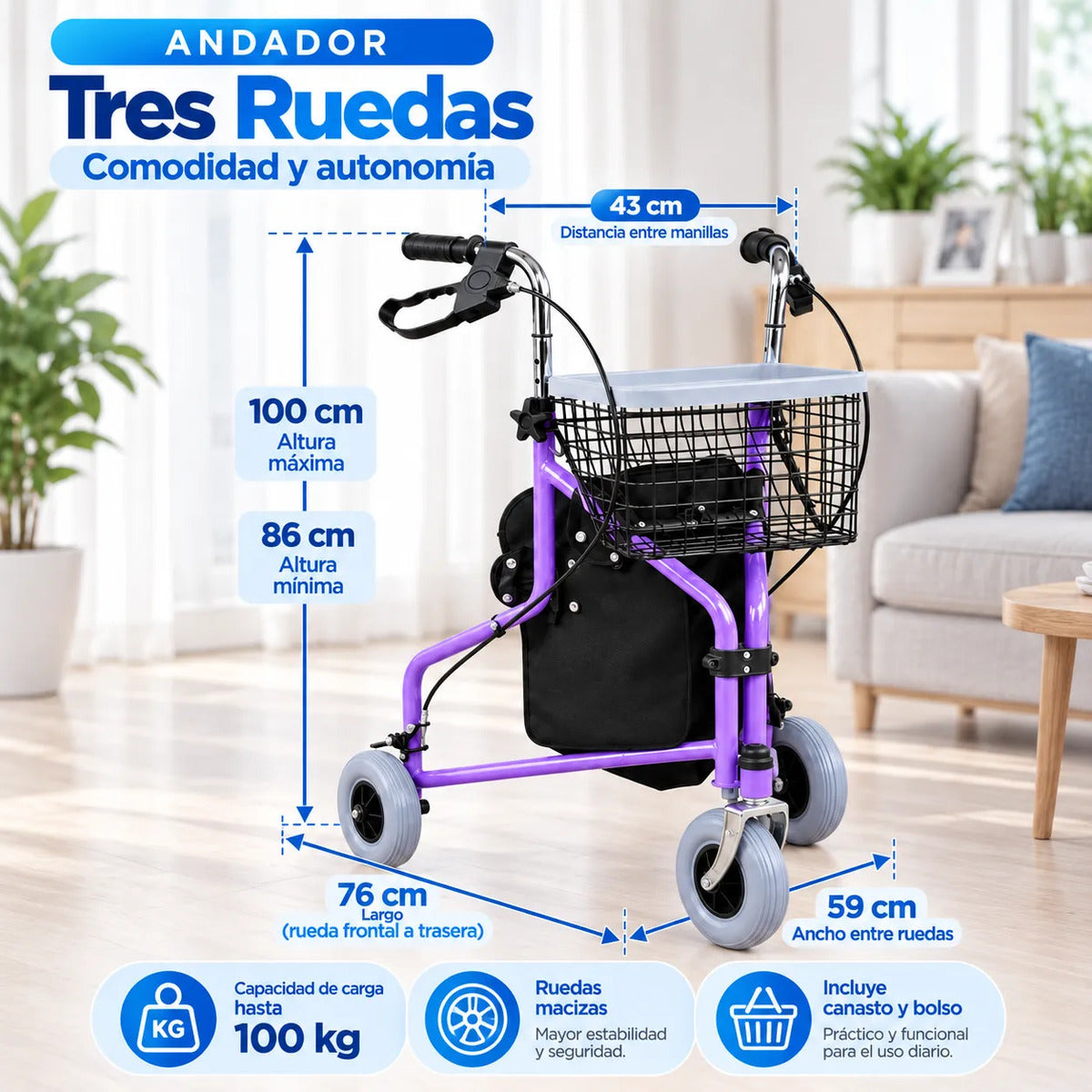 Andador Burrito Ortopédico 3 Ruedas Plegable con Canasto y Bolso 5003A
