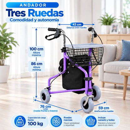 Andador Burrito Ortopédico 3 Ruedas Plegable con Canasto y Bolso 5003A