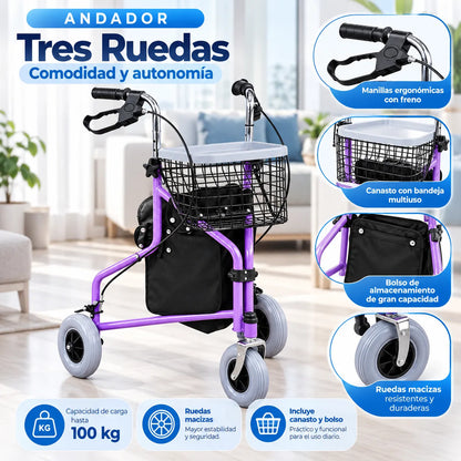 Andador Burrito Ortopédico 3 Ruedas Plegable con Canasto y Bolso 5003A