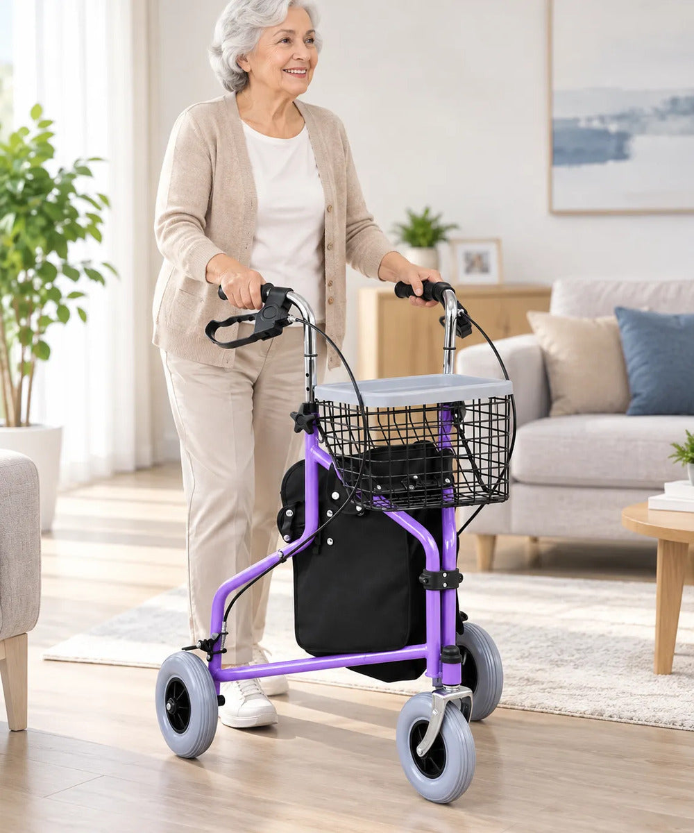 Andador Burrito Ortopédico 3 Ruedas Plegable con Canasto y Bolso 5003A