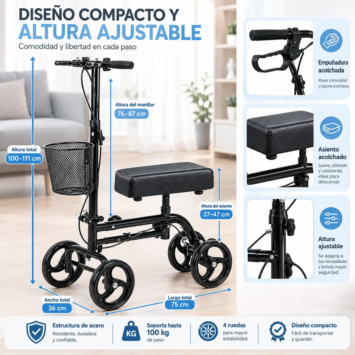 Andador de Rodilla Scooter Ortopédico Plegable con Freno 9007AB