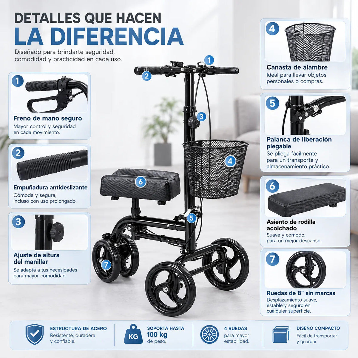 Andador de Rodilla Scooter Ortopédico Plegable con Freno 9007AB