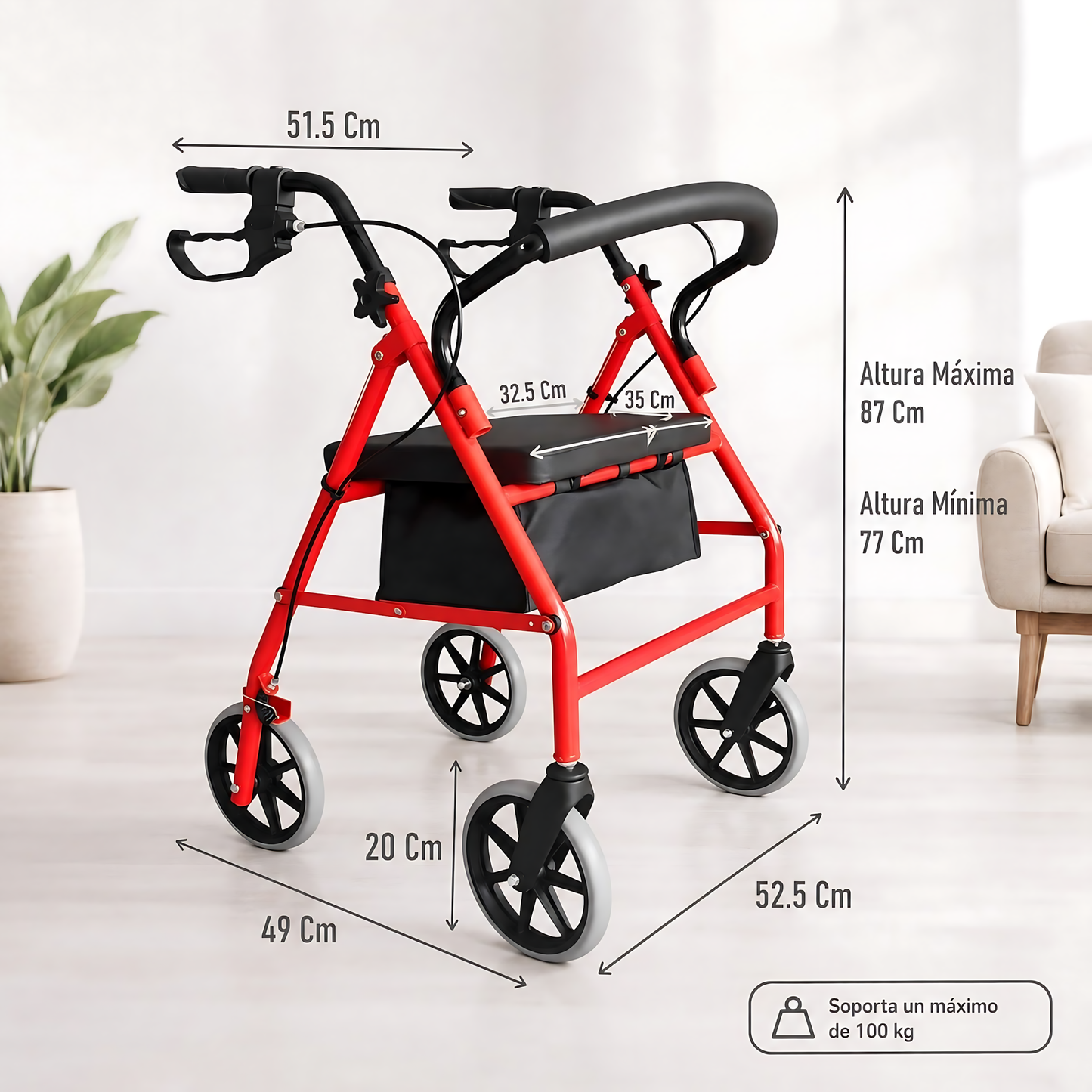 Andador Burrito Ortopedico 4 Ruedas Con Asiento Y Bolso 3004D