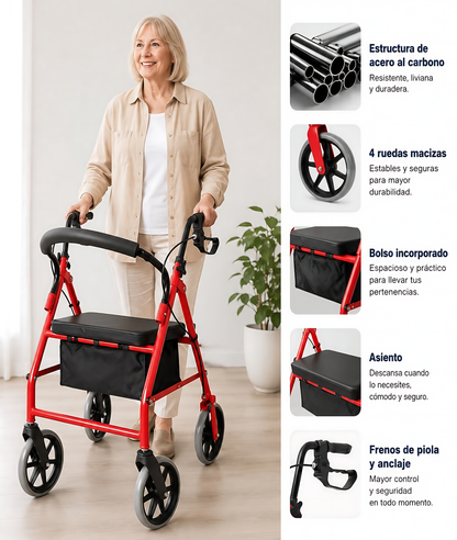 Andador Burrito Ortopedico 4 Ruedas Con Asiento Y Bolso 3004D