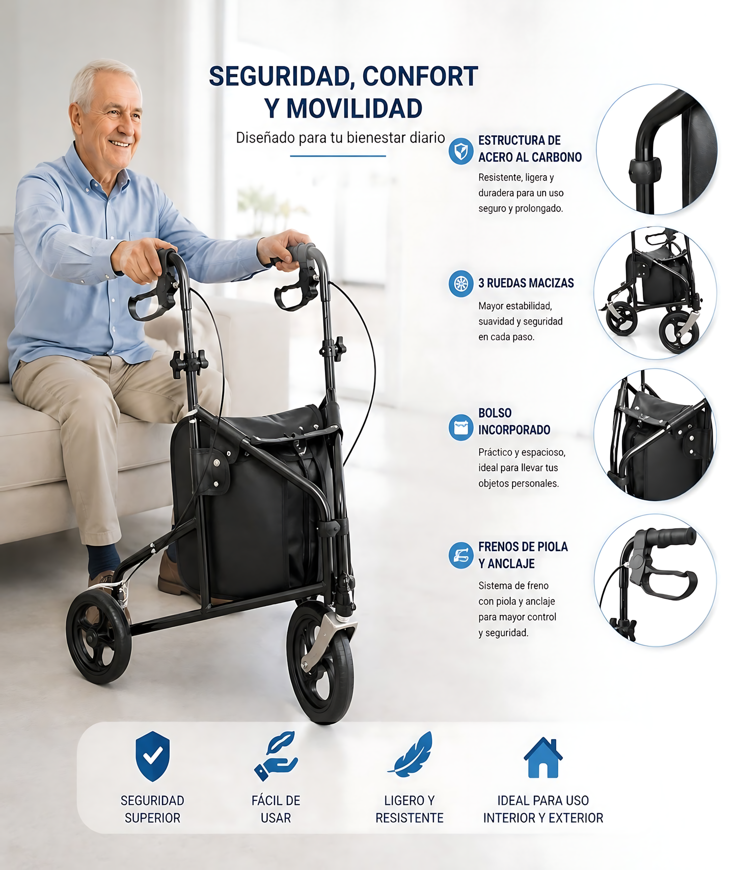 Andador Burrito 3 Ruedas Plegable Con Bolso Freno De Anclaje
