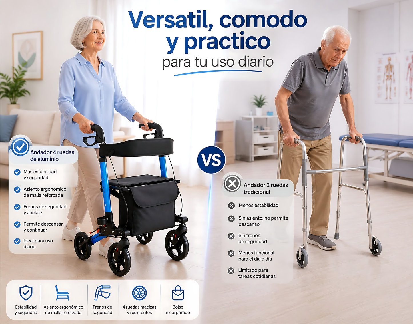 Andador Burrito Ortopedico Plegable Adulto 4 Ruedas Asiento