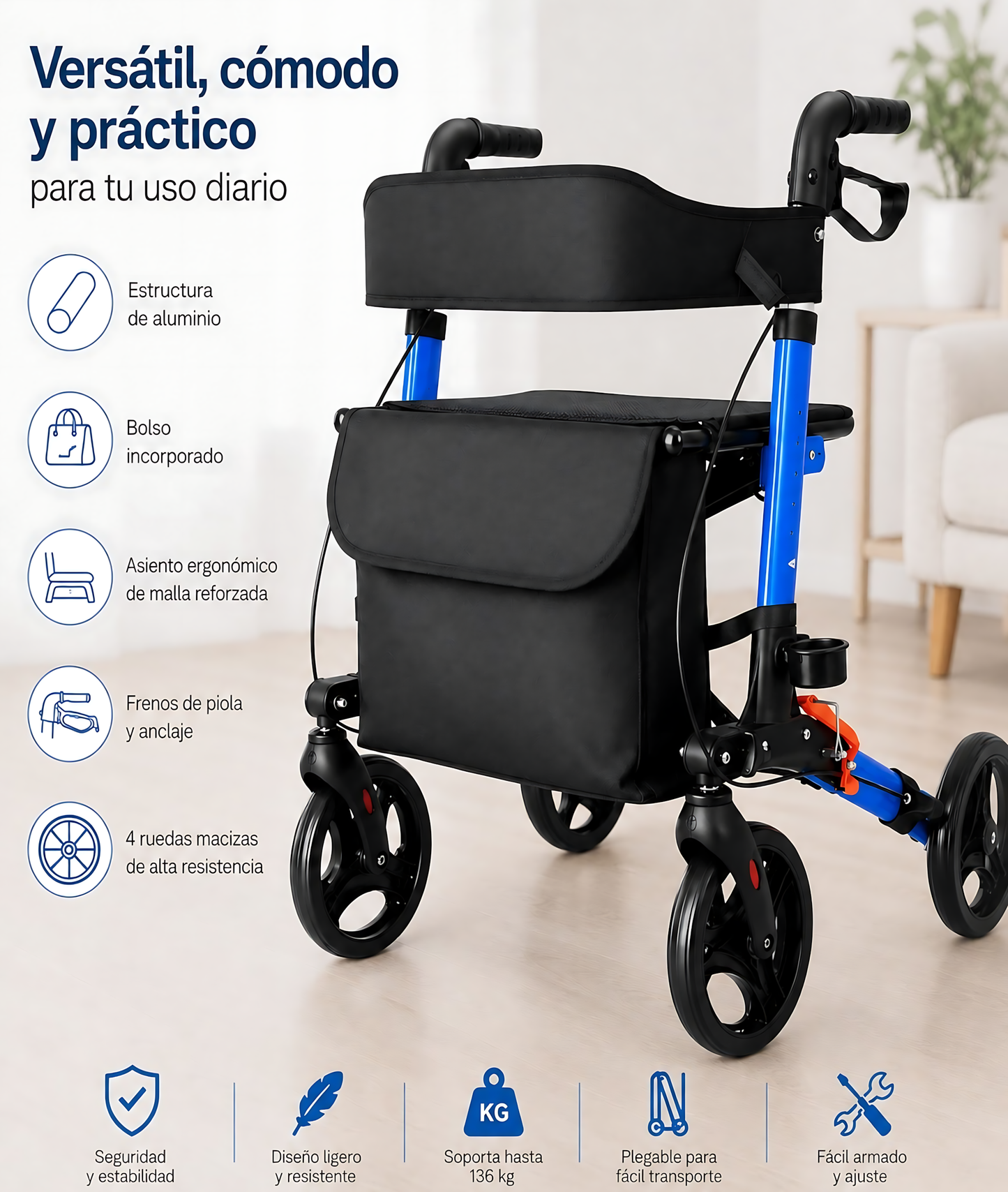 Andador Burrito Ortopedico Plegable Adulto 4 Ruedas Asiento