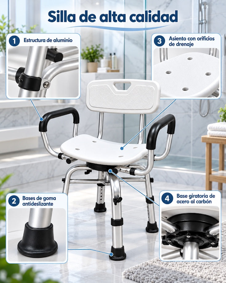 Silla de Ducha Giratoria Adulto Mayor con Respaldo y Apoyabrazos 483A