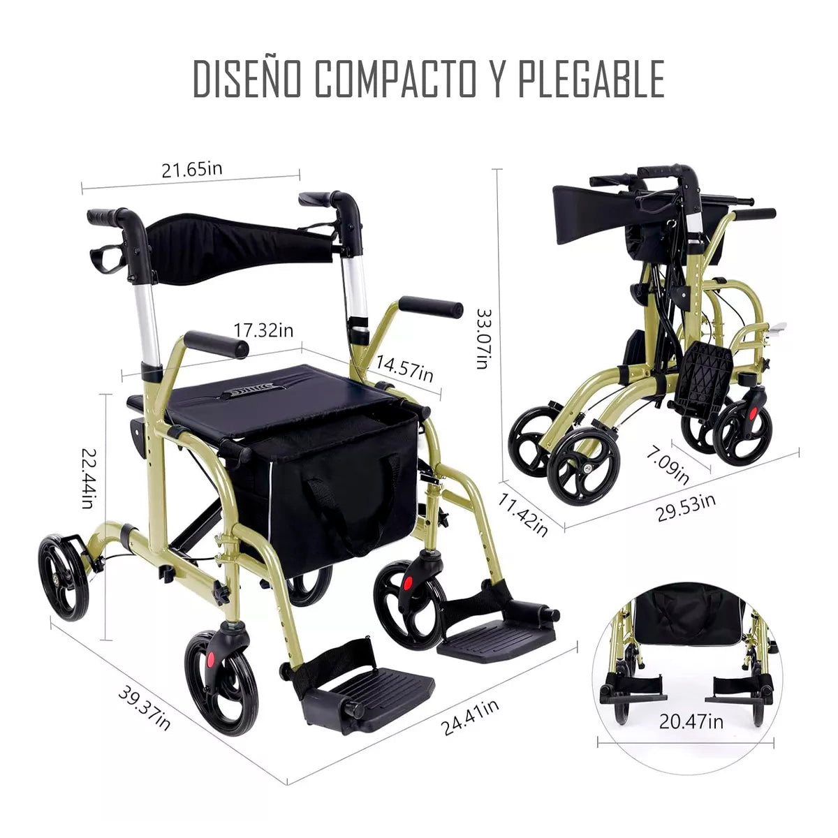 Andador Plegable 4 Ruedas 2 En 1 Silla De Ruedas Reposapies 1001C