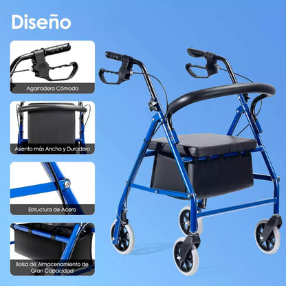 Andador Burrito Plegable 4 Ruedas Con Asiento Freno Y Bolso 3003C