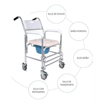 Silla de Baño con Ruedas y WC Inodoro - Aluminio Ligero, Reposapiés Abatibles | Oneder