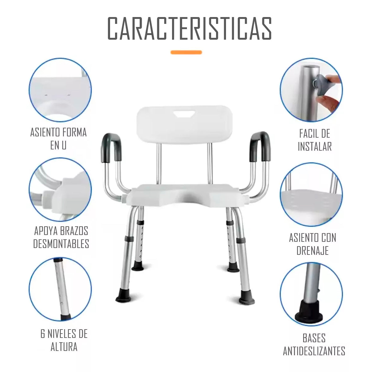 Silla De Ducha Baño Apoyabrazos Y Rebaje Aluminio Liviano 404F