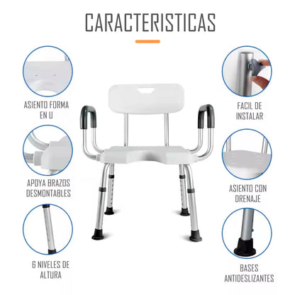 Silla De Ducha Baño Apoyabrazos Y Rebaje Aluminio Liviano 404F