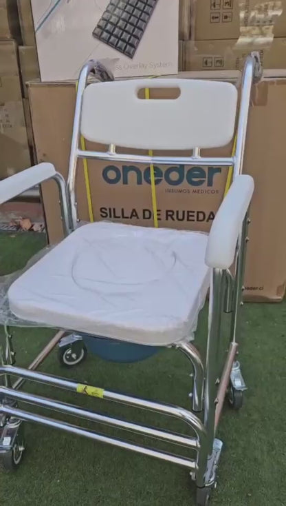 Silla de Baño con Ruedas y WC Inodoro - Aluminio Ligero, Reposapiés Abatibles | Oneder