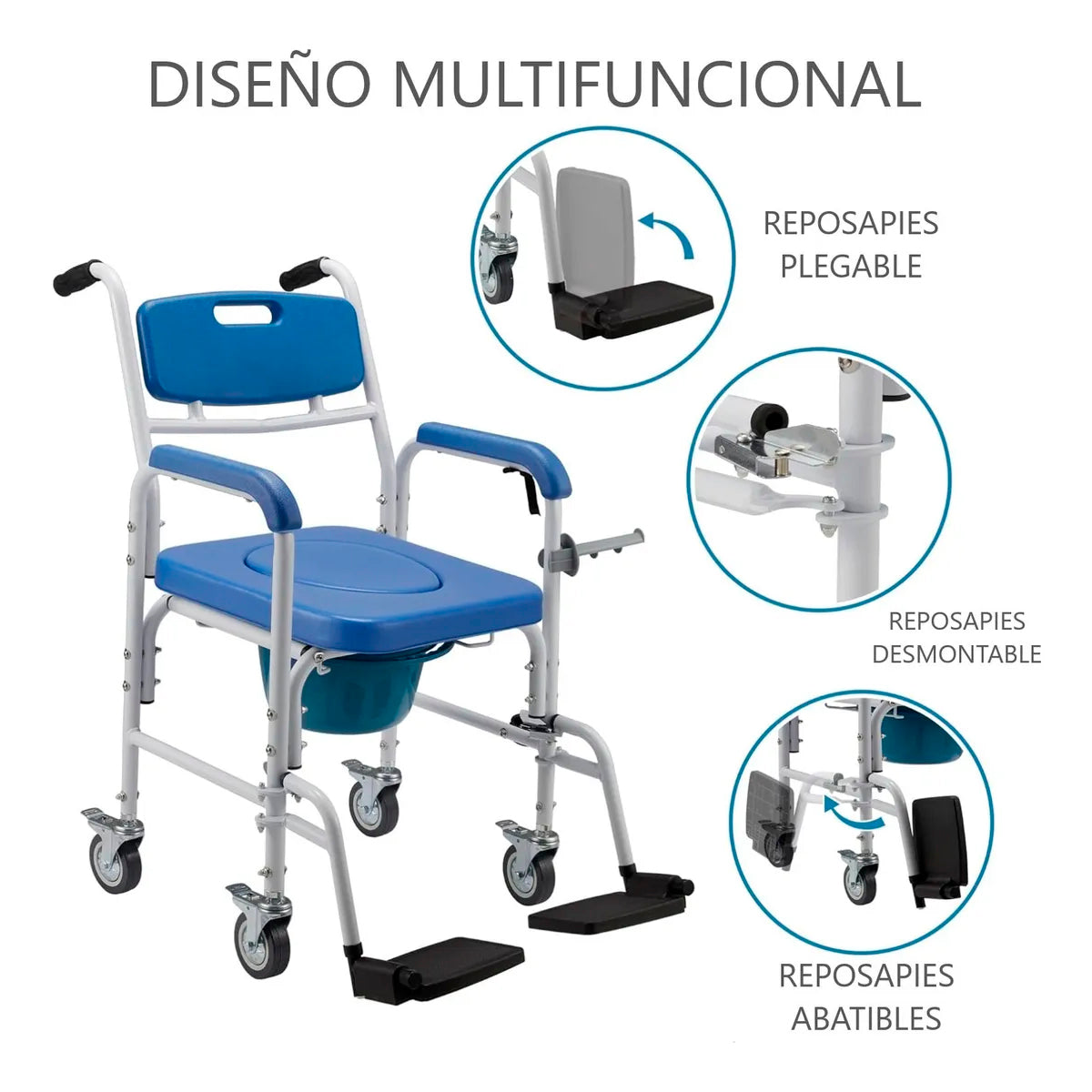 Baño Inodoro Aluminio Con Ruedas Asiento Acolchado Reposapie 7002C