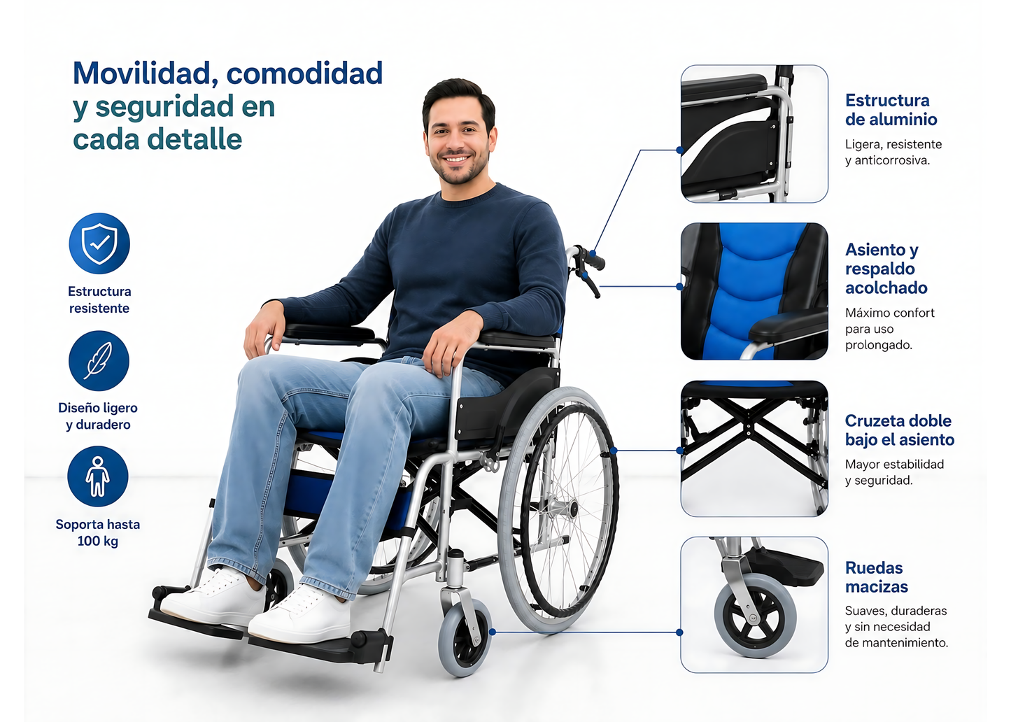 Silla De Ruedas Cromada Aluminio Plegable Doble Freno Con Cinturón