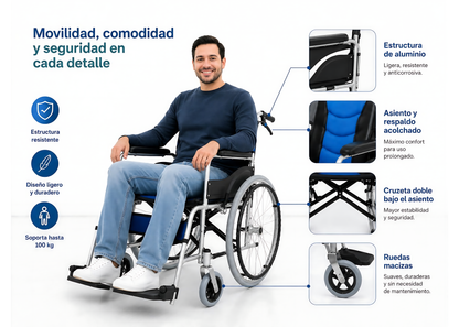 Silla De Ruedas Cromada Aluminio Plegable Doble Freno Con Cinturón