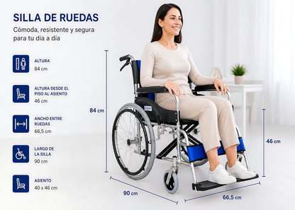 Silla De Ruedas Cromada Aluminio Plegable Doble Freno Con Cinturón
