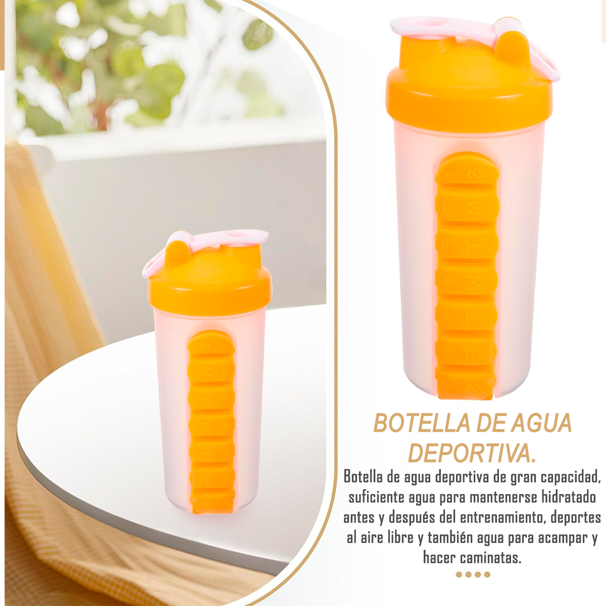 Botella De Agua 600ml + Pastillero Organizador De Pastilla