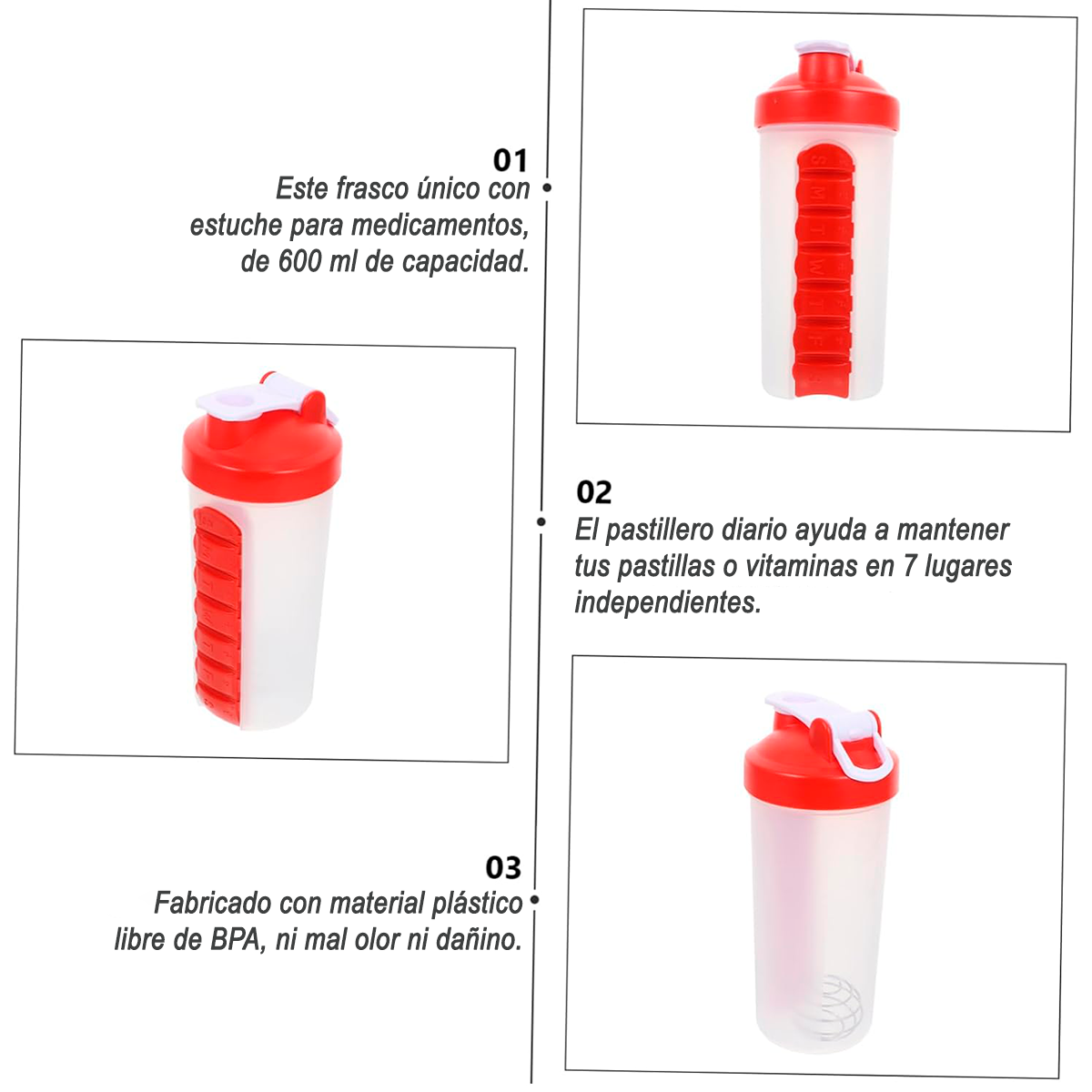 Botella De Agua 600ml + Pastillero Organizador De Pastilla