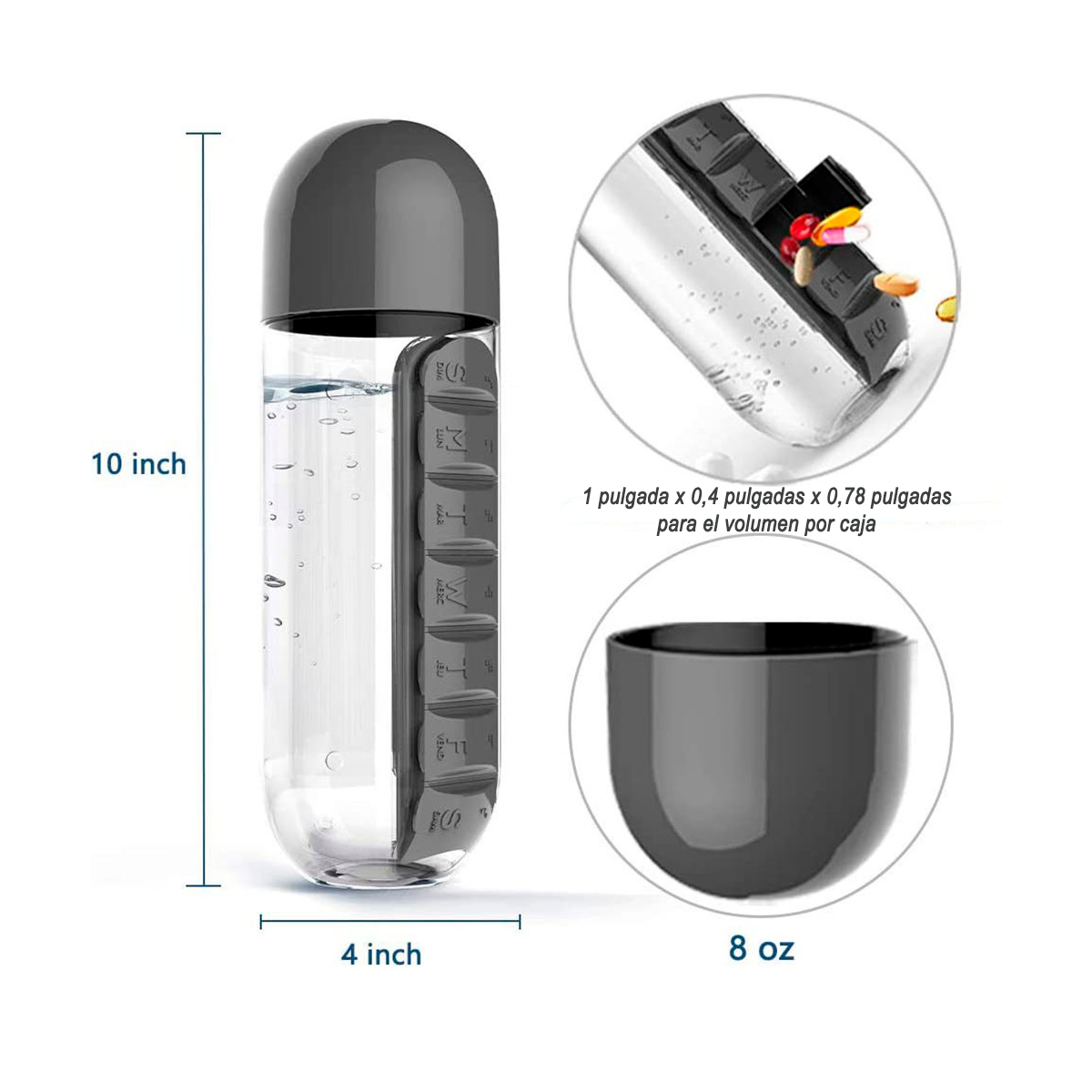Botella De Agua 600ml + Pastillero Semanal De Pastillas